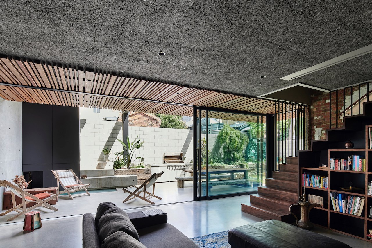 Lanes End living room framed by the timber batten screen