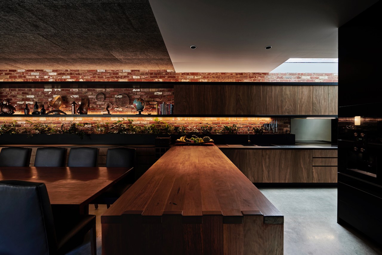 Lanes End kitchen with brick splashback and timber island