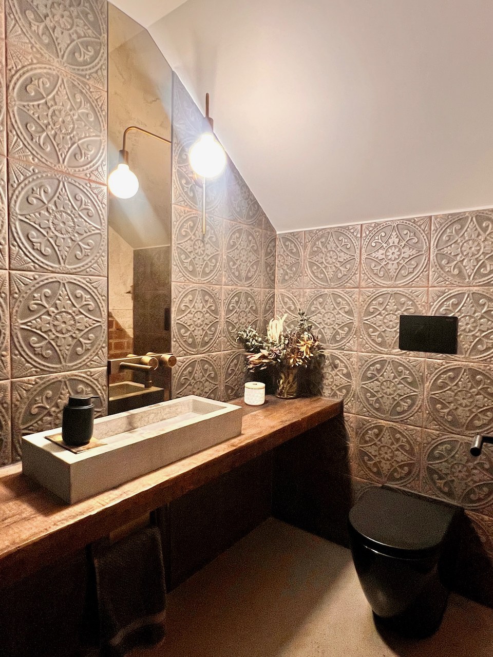 Lanes End powder room with pressed-metal pattern tile