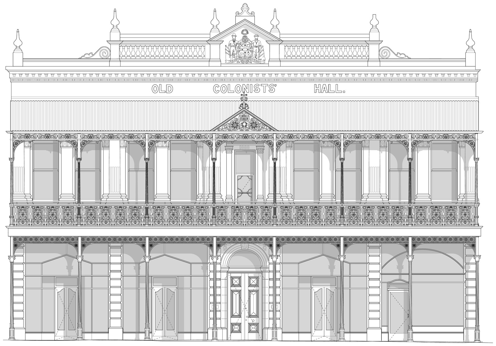 Old Colonists' Hall front facade elevation drawing
