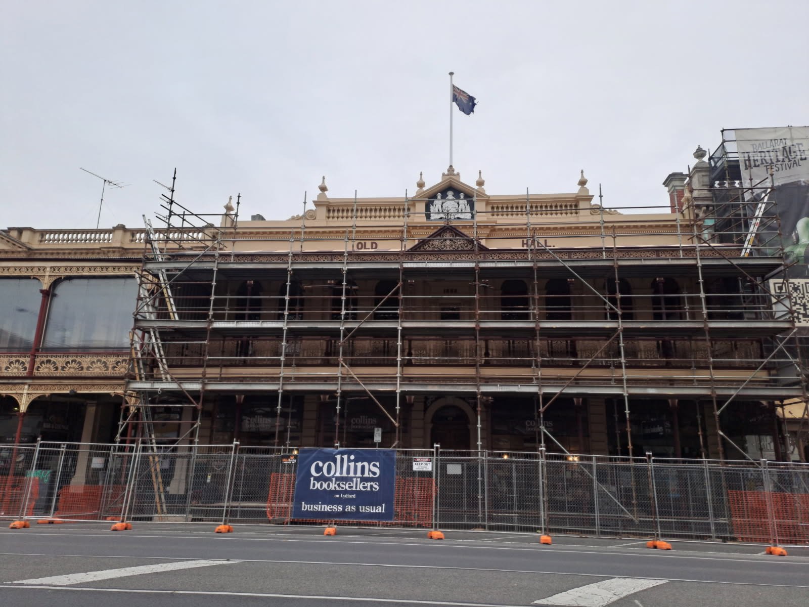 Old Colonists' Hall street facade under restoration